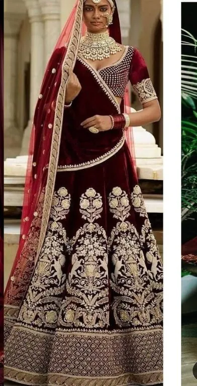 Bridal lehenga with maroon velvet blouse