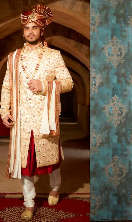 Cream sherwani with safa